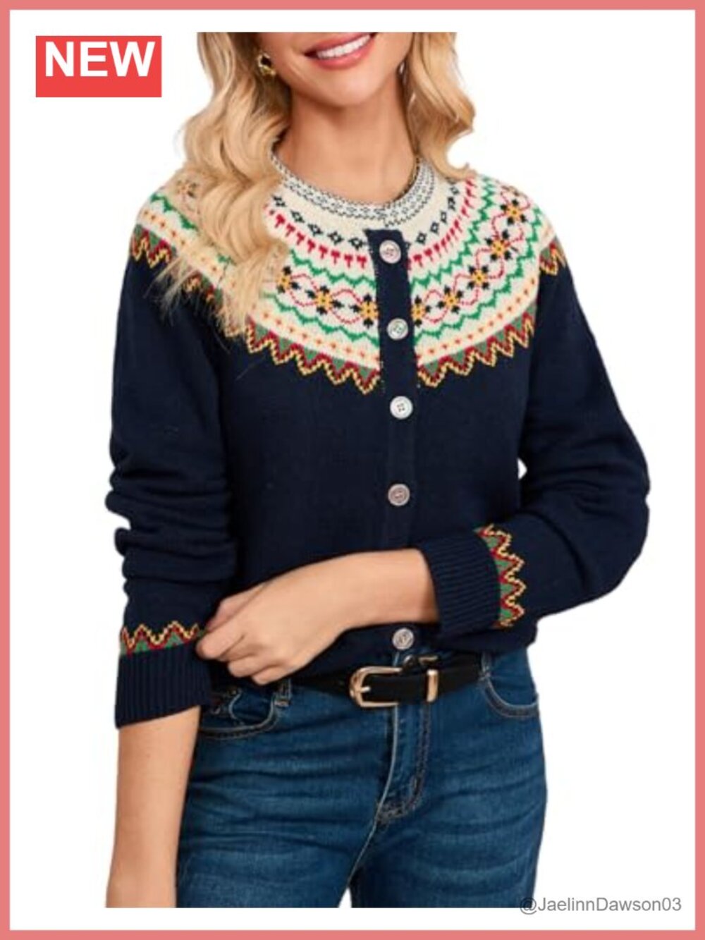 Womens Fair Isle Cardigan Long Sleeve Chunky Knit Button Sweater